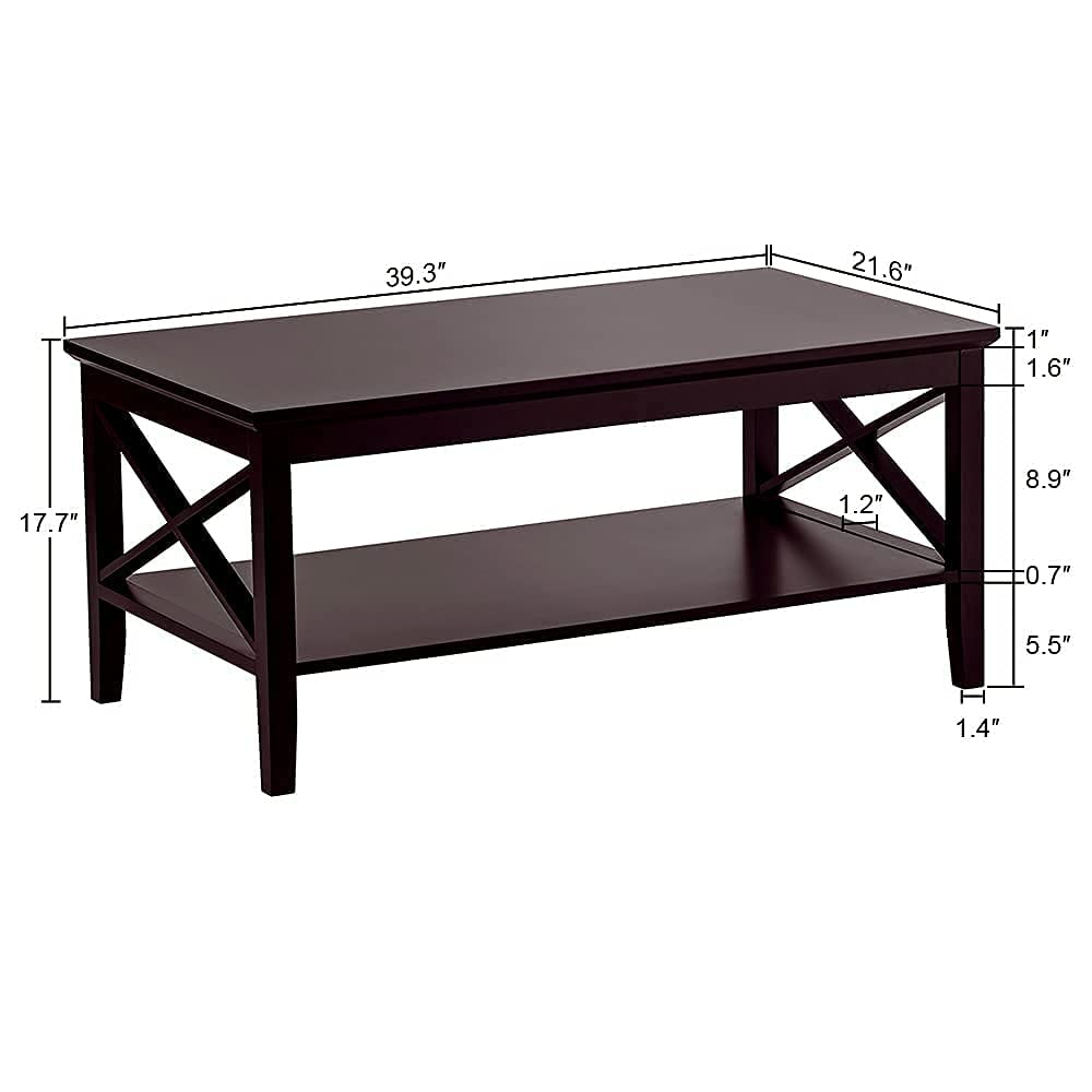 ChooChoo Oxford Coffee Table with Thicker Legs, Espresso Wood Coffee Table with Storage for Living Room 40 inches - WoodArtSupply