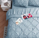 LANE LINEN Twin Comforter Set - 5 Piece - Elegant Pintuck Stitch Design Bedding - with 1 Comforter, 1 Pillowcase, 1 Sham, 1 Flat & 14" Fitted Sheet - Super-Soft, All-Season Everyday Use – French Blue LANE LINEN