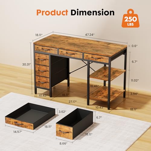 Sweetcrispy 47" Computer Desk with 6 Drawers, Home Office Gaming Desks with Storage Shelves for Bedroom, Writing Study Corner Living Room Work Table Rustic Brown Sweetcrispy