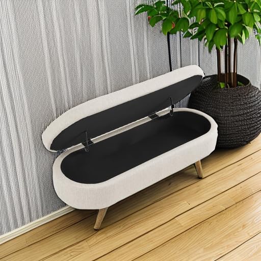 ECLYL Oval Storage Bench 43.5" Linen Fabric Upholstered Entryway Bench with Solid Wood Legs Ottoman Bench Indoor Bench for Living Room/Bedroom/End of Bed/Entryway (Beige) ECLYL