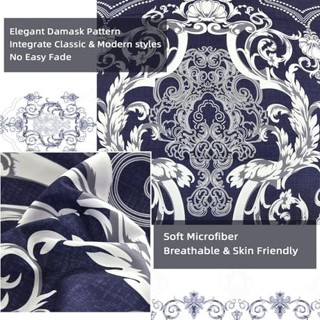 Mybedsoul 7 Pieces Navy Blue Comforter Set King Size, Damask Bed in a Bag for King Bed, Lightweight Microfiber Boho Bedding Sets with Comforter, Sheet, Pillowcases & Shams for All Season(90"x104") Mybedsoul