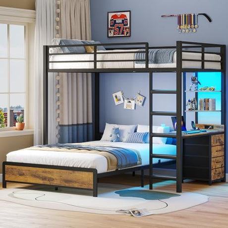 ADORNEVE Twin Over Full Bunk Bed with Desk, Bunk Beds Twin Over Full Size with Charging Station & Led Lights, Storage Drawers & Shelves, Loft Bed with Safety Guardrail & Ladder for Kids/Teens, Black ADORNEVE