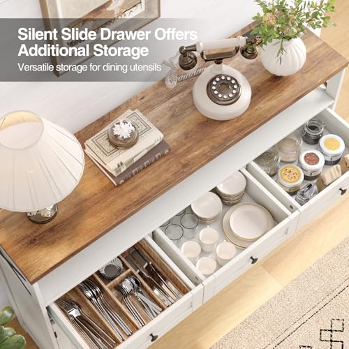 Befrases Farmhouse Sideboard Buffet Cabinet, Barn Doors Storage Cabinet with Drawers and Open Shelf, 47.2'' Wood Coffee Bar Microwave Station for Kitchen, Living Room, Hallway, White Befrases