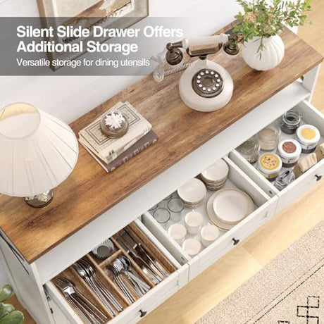 Befrases Farmhouse Sideboard Buffet Cabinet, Barn Doors Storage Cabinet with Drawers and Open Shelf, 47.2'' Wood Coffee Bar Microwave Station for Kitchen, Living Room, Hallway, White Befrases