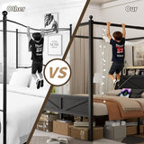 Tsovihe Queen Size Canopy Bed Frame with Barn Door Storage Headboard, Metal Slats Support LED Light & Charging Station/No Box Spring Needed/Easy Assembly/Curtain Not Included/Black