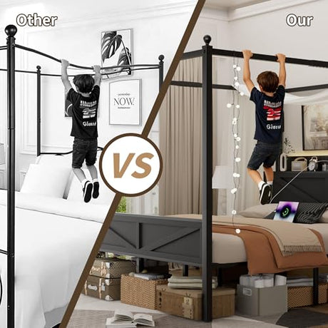 Tsovihe Queen Size Canopy Bed Frame with Barn Door Storage Headboard, Metal Slats Support LED Light & Charging Station/No Box Spring Needed/Easy Assembly/Curtain Not Included/Black Tsovihe