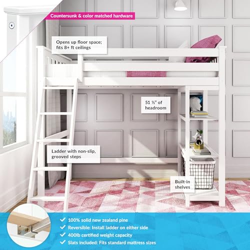 Max & Lily High Loft Bed, Twin Bed Frame For Kids With Bookcase, White Max & Lily