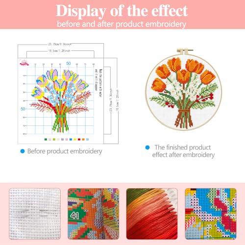 Zhenqing Orange Tulip Bouquet Cross Stitch Kit for Beginners - Complete Set with Pre-Printed 11CT 24x24cm Fabric, Hoop & Threads(70359)