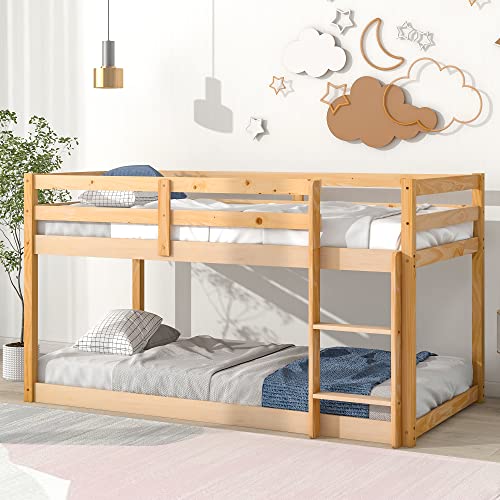 Lostcat Twin Over Twin Solid Wood Bunk Bed Frame with Ladder and Full-Length Guardrail - Easy Assembly in Natural Finish - WoodArtSupply