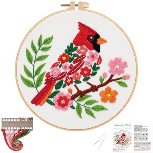 Louise Maelys Red Cardinal Bird Embroidery Kit for Beginners - Floral Hand Stamped DIY Embroidery Kits with Hoop, Threads & Needles - Easy Cross Stitch Starter Set for Adults