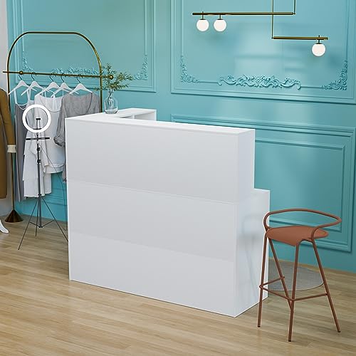 LEADZM Reception Desk, L Shaped Standing Front Desk Reception with Counter, Lockable Drawers & Adjustable Shelf for Salon Office, White(55.9"" W x 18.9"" D x 48"" H), LZRD001 LEADZM