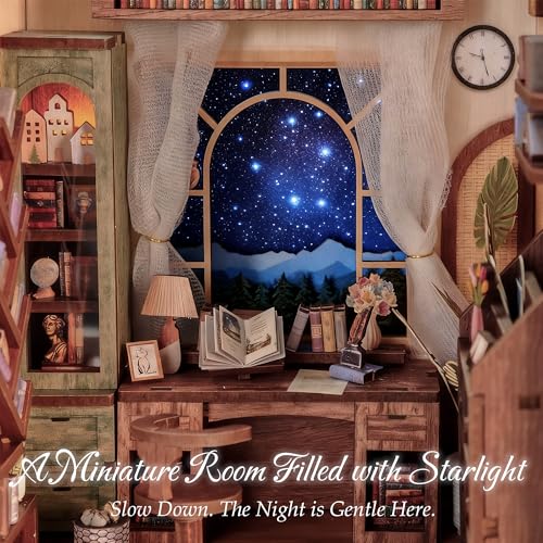 Dolphin Island DIY Book Nook Kit for Adults, 3D Wooden Puzzle Booknook Miniature House Kit (Starlight Reading Nook)