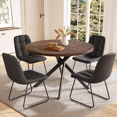 HIPIHOM 45.3 Inch Round Dining Table Set for 4, Mid Century Modern MDF Coffee Set for Dining Room Kitchen Apartment (Dark Walnut Table + 4 U-Shaped Black Chairs) HIPIHOM