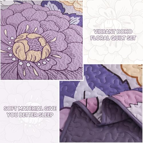 DJY Floral Quilt Set King Size Purple Boho Bedspread Coverlet Set, 3 Piece Microfiber Bohemian Botanical Farmhouse Floral Quilt Bedding Set with 2 Pillowcases for All Season (110''x90'') DJY