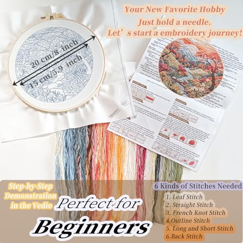 FONNUY Embroidery Kit for Beginners, Boho Nature Landscape Pre-Stamped Pattern Kits for Adults with Hoop, Easy to Follow Color Thread Needlework, 8'' Hoop (Mountain Stream)