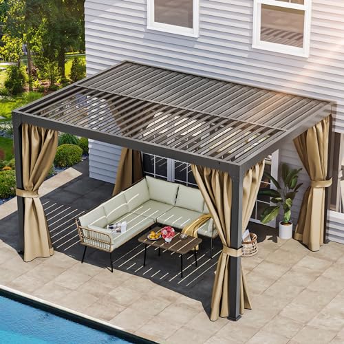 YITAHOME 10x13ft Louvered Pergola Outdoor Aluminum with Adjustable Roof Pergolas Sun Shade Shelter with Netting and Shaded Curtains for Lawns, Patio, Deck and Backyard, Brown - WoodArtSupply