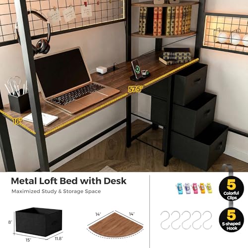 Full Size Loft Bed with Desk and Stairs, Headboard, Wardrobe, Bedside Storage Shelf, 6 Drawers, Charging Station & LED Light, Metal Gaming Loft Bed Frame for Adult Space-Saving, Black & Walnut Kikihouse