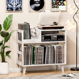 Uoders Record Player Stand with Vinyl Storage, Mid-Century Modern Turntable Stand Holds 150+ Albums, Record Player Table with Metal Dividers, Wood Media Console for Living Room (White, Single-Sided Small) UODERS