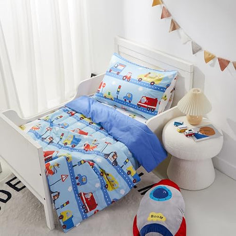 PINNKKU 4-Piece Toddler Bedding Set, Includes 1 Flat Sheet, 1 Fitted Sheet, 1 Comforter and 1 Reversible Pillowcase, Standard Toddler Comforter & Sheet Set, Ultra Soft Toddler Bed Set, Cars & Road PINNKKU