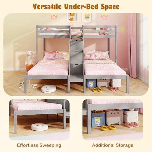 KOTEK Triple Bunk Bed with Stairs, Twin Over Twin & Twin Bunk Bed Frame with Guardrail & Storage, Wooden Bunkbeds for 3 Kids Teens, No Box Spring Needed (Grey) KOTEK