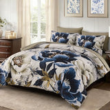 Dintszyayue Brown Comforter Set King Size, 7 Pieces Floral Bed in a Bag Set, Texture Blue Flower Bedding Sets, Soft Microfiber for All Season with Flat Sheet Fitted Sheets Pillowcases and Shams Dintszyayue
