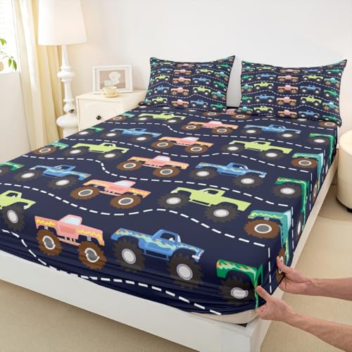 Feelyou 3D Truck Sheet Set Boys Cars Bed Sheets for Kids Girls Teens Freestyle Truck Decor Bed Set Blue Sheets with 2 Pillowcases 4Pcs Bedding Full Feelyou