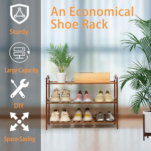 RMXANL 3 Tier Bamboo Shoe Rack, Shoe Shelf Shoes Rack Shoe Organizer for Closet, Entryway, Bedroom, Living Room, Front Door, Studio, Bathroom RMXANL
