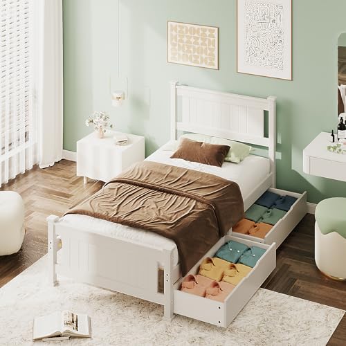 VINGLI Solid Wood Twin Size Bed Frame with Headboard and 2 Storage Drawers,Enhanced Support Single Bed Frame,SModern Minimalist Panel Platform Bed for Kids,Teens, Adults,Guests,Sleigh Bed,White. VINGLI