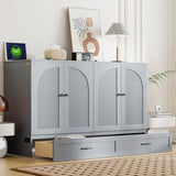 P PURLOVE Queen Murphy Bed with Large Drawers, Wood Cabinet Bed with USB Port, No Box Spring Needed, Easy Assembly (Gray) P PURLOVE