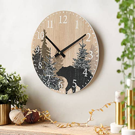 SwallowLiving Cabin Bear Wall Clock 12 Inch Silent Non Ticking Clock Wooden Forest Wildlife Mountain Lodge Wall Clock Battery Operated Rustic Farmhouse Wall Clock SwallowLiving