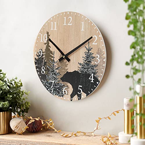 SwallowLiving Cabin Bear Wall Clock 12 Inch Silent Non Ticking Clock Wooden Forest Wildlife Mountain Lodge Wall Clock Battery Operated Rustic Farmhouse Wall Clock - WoodArtSupply