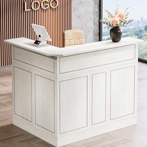 Tribesigns Reception Desk with Storage Shelves, L-Shaped Modern Front Desk, Reception Counter Table for Small Office, Salon, Checkout, White Tribesigns