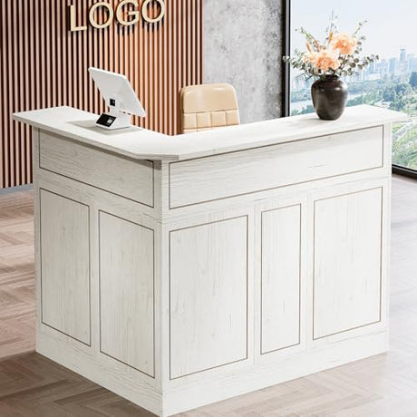 Tribesigns Reception Desk with Storage Shelves, L-Shaped Modern Front Desk, Reception Counter Table for Small Office, Salon, Checkout, White Tribesigns