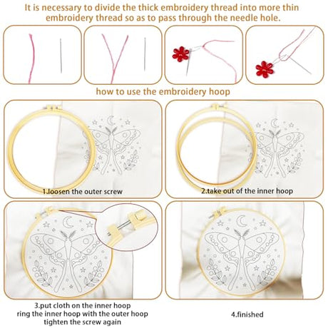 BEUNITONE 6 Set Moth Embroidery Kit for Adults Beginners, DIY Needlepoint Craft Kits with Instructions and Hoops, Complete Starter Set for Adults, Funny Hand Embroidery for Fabric and Home Decor BEUNITONE