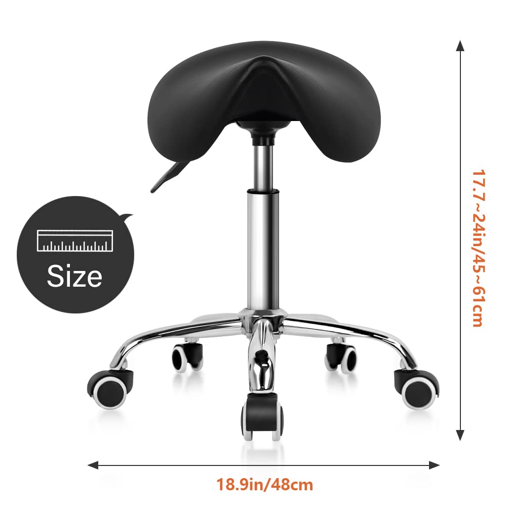 KKTONER Rolling Saddle Stool PU Leather Swivel Adjustable Rolling Stool with Wheels Salon Chair Black KKTONER