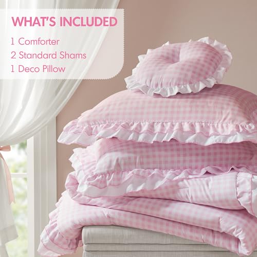 Intelligent Design Rowena Full Comforter Set – Blush Pink Gingham Ruffled Bedding, Vintage Farmhouse Style, Reversible All Season 4-Piece Bedding Set, Full/Queen, Gift for Her Intelligent Design