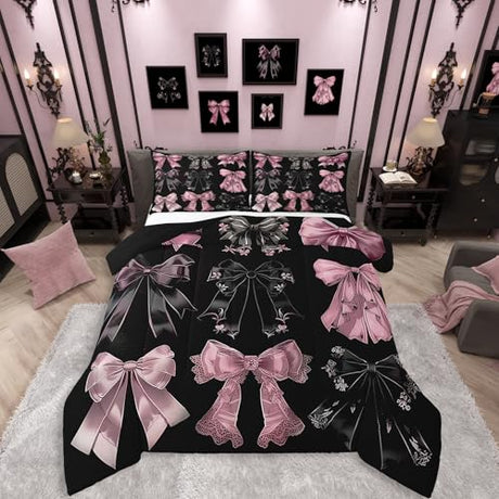 Erosebridal Black and Pink Bow Comforter Set Full Size Coquette Bows Bedding Sets for Girls Teens Watercolor Bow Comforter Cute Lace Bowknot Duvet Insert Room Decor Princess Romance Bowknot Quilt Erosebridal