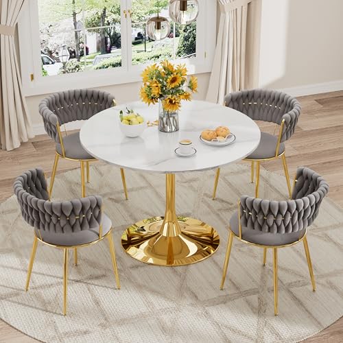 VAKTULS Luxury Round Dining Table Set for 4, 34-Inch Faux Marble Thick MDF Kitchen Table Set with 4 Grey Modern Velvet Dining Chairs for Small Place Coffee Tea, Saving Space(Gold Base) VAKTULS