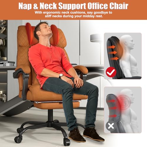 Ergonomic Office Chair with Footrest, 400lbs High Back Executive Home Office Computer Chair with Unique Ear-Shape Headrest for Neck Support,Brown Leather Office Chairs for Home Office Work Hihady