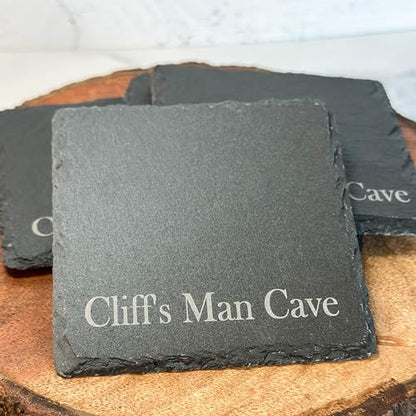 Engraved Slate Coasters for Drinks Custom Coaster Set Monogrammed Initial Name Personalized Gift for Couples Handmade by The Painted Pug (Engraved Slate) - WoodArtSupply