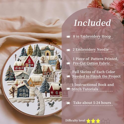 FONNUY Crewel Christmas Embroidery Kit for Beginners, Cross Stitch Set Winter Snow Scene Pine Owl Pattern for Adults, Easy to Follow Color Thread Needlework, 8'' Hoop (Tree and House 1)