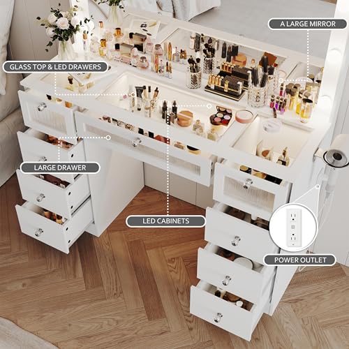 IFSEB Makeup Vanity Desk with LED Lights and Large 36.9’’ Mirror, 9 Drawers Vanity with Glass Top & 3 Color Hollywood Bulbs, Make Up Vanity with Charging Station & Crystal Knobs for Woman, White IFSEB