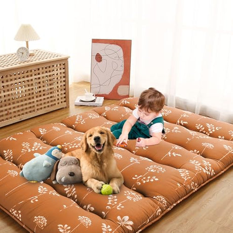 IDEALHOUSE Japanese Floor Mattress, Roll-Up Futon, Full Size, Flowers Printed Thicken Futon Mattress for Floor, Microfiber Cotton Sleeping Pad for Guest Room, Camping and Kids Play Mat, Brick Red IDEALHOUSE