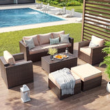 UDPATIO 6 Piece Patio Furniture 7 Seats Wicker Outdoor Sectional, Thick Cushions Patio Couch Chair with Ottoman & Storage Table for Porch, Balcony UDPATIO