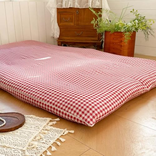 Red Gingham Japanese Floor Mattress Futon Cover Twin for 3-4" Thick Pad, Checked Plaid Japanese Tatami Mattress Cover,Grid Guest Sleeping Mat for Floor (Red Gingham, Twin) NSNLGSGC