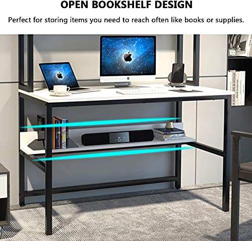 Aquzee 47 Inch White Computer Desk with Hutch and 3-Tier Bookshelf for Home Office - WoodArtSupply