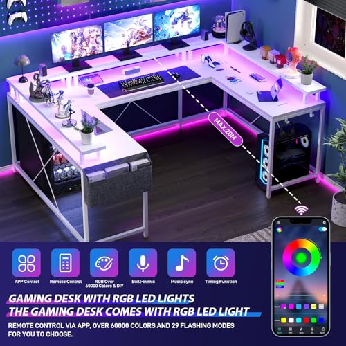 U Shaped Desk, 79" Reversible L Shaped Desk and Long Gaming Desk with Storage Shelf & Power Outlets & LED Lights, Corner Computer Desk with Monitor Stand and Side Storage Bag for Home Office, White TROPOW