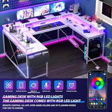 U Shaped Desk, 79" Reversible L Shaped Desk and Long Gaming Desk with Storage Shelf & Power Outlets & LED Lights, Corner Computer Desk with Monitor Stand and Side Storage Bag for Home Office, White TROPOW