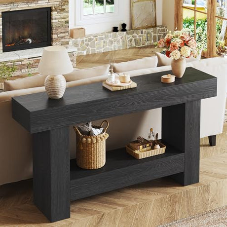 HUAHUU 63 Inches Long Console Table, Sofa Table with Storage Behind Couch, Entryway Table with Open Storage, Farmhouse Console Tables for Entryway, Living Room, Hallway, Black HUAHUU