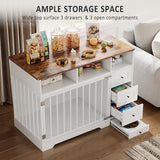 48'' Dog Crate Furniture, Farmhouse Heavy Duty Dog Kennel with Bowl & Storage Drawers, Medium Dog Cage End Table for Small Medium Dogs, White GarveeLife
